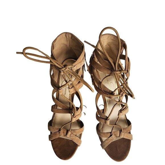 Jessica Simpson JS-Bregan Dakota Tan Lux Kid Suede Fringe Lace-Up Heels Size 8.5 - Picture 4 of 14